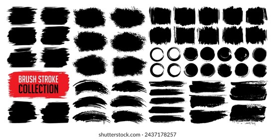 Black paint brush stroke, ink splash, grunge watercolor texture effect and grungy frame set for social media business background. Vector torn or rip paper or paint brush silhouette decoration ornament