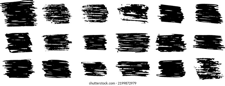 Black paint brush stroke set. Ink brush strokes, brushes, lines. Grunge and dirty freehand drawing design elements, boxes, frames and stickers. Isolated on white background.