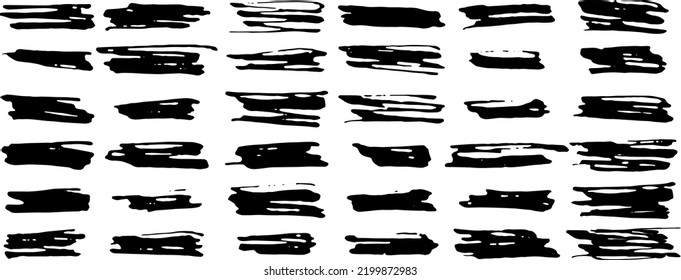 Black paint brush stroke set. Ink brush strokes, brushes, lines. Grunge and dirty freehand drawing design elements, boxes, frames and stickers. Isolated on white background.