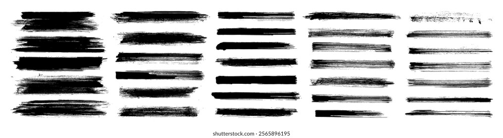 Black paint brush stroke set. Rough texture vector lines. Grunge edge marker stripes. Grungy hand-drawn dry ink brushstroke collection. Straight long smear halftone underlines. Rectangular frames pack