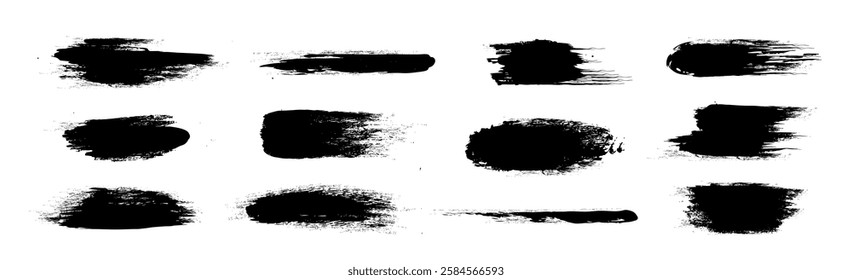 Black paint brush strokes collection with grunge rough edges and ink splatter texture. Artistic dark rough smeared elements for graffiti, banner headers or distressed effects in graphic design.