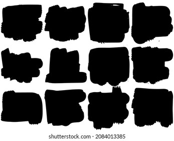 Black paint brush strokes, dirty inked grunge art brushes. Dirty ink texture splatters. Grunge rectangle text boxes
