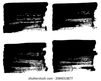 Black paint brush strokes, dirty inked grunge art brushes. Dirty ink texture splatters. Grunge rectangle text boxes
