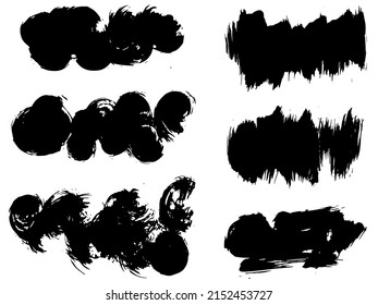 Black paint brush strokes, dirty inked grunge art brushes. Dirty ink texture splatters. Grunge rectangle text boxes
