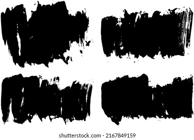 Black paint brush strokes, dirty inked grunge art brushes. Dirty ink texture splatters. Grunge rectangle text boxes
