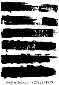 Black paint brush strokes, dirty inked grunge art brushes. Dirty ink texture splatters. Grunge rectangle text boxes

