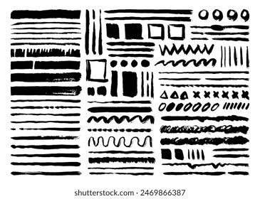 Black paint brush strokes element set. Circle, line, square, zigzag, x, triangle, and wavy shape design bundle. Hand drawn painting graphic element. Rough textured brushes.