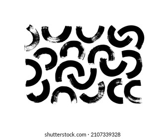Black paint brush strokes half circles vector set. Hand drawn round grunge bold lines and dry brushstrokes. Grunge smears collection with semicircles, c-shape bold lines. Ink illustration on white