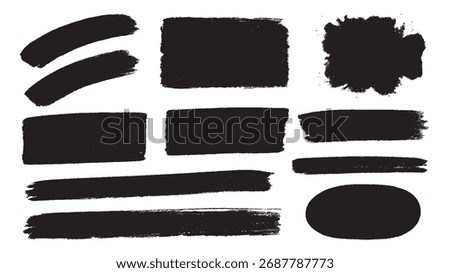 Black Paint Brush Strokes and Ink Marks Vector Texture Set on White Background