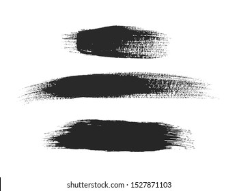 Black paint brush strokes set isolated on white background. Dirty texture watercolor brush blots. Grungy stain banners for text message. Universal hand drawn graphic element. Black ink painting.
