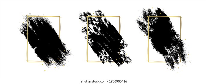 Black paint brush strokes set with golden frames. Ink brush blots. Vector illustration