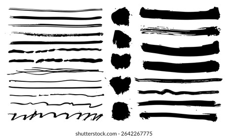 Black paint brush strokes set. Collection of paintbrush smears of scribble lines and long stripes, dirty rectangle shape stains with ink splatters texture. Acrylic rough borders. Vector illustration.