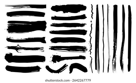 Black paint brush strokes set. Collection of paintbrush smears of dirty rectangle shape stains, scribble lines and stripes. Messy rough frames with dry ink splatters texture. Vector illustration.