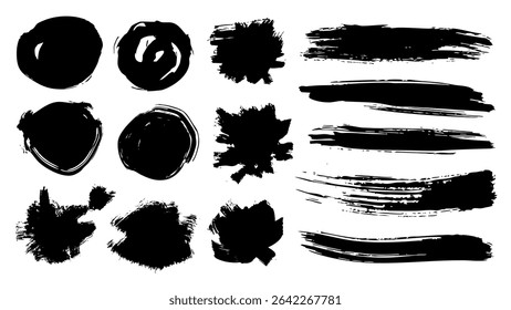 Black paint brush strokes set. Collection of paintbrush smears of round shapes and rectangle stamps with ink splatters texture. Acrylic due blots and marks with scratches edge. Vector illustration.