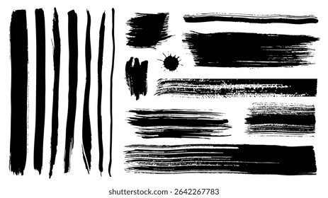 Conjunto de pinceladas de pintura negra. Colección de manchas de pincel de Formas rectangulares marcadoras anchas sucias, líneas rectas largas desordenadas, manchas con textura de salpicaduras de tinta y bordes ásperos. Ilustración vectorial.