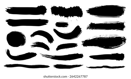 Black paint brush strokes set. Collection of paintbrush smears of rectangle, circle, curve, wave shapes and lines. Rough grainy spots with ink splatters. Stain grunge patterns. Vector illustration.