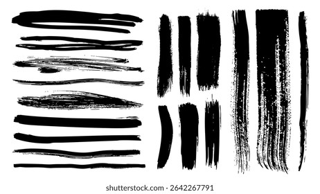 Black paint brush strokes set. Collection of paintbrush smears of dirty straight long scribble lines, wide marker rectangle shape, rough sketch stains with ink splatters texture. Vector illustration.