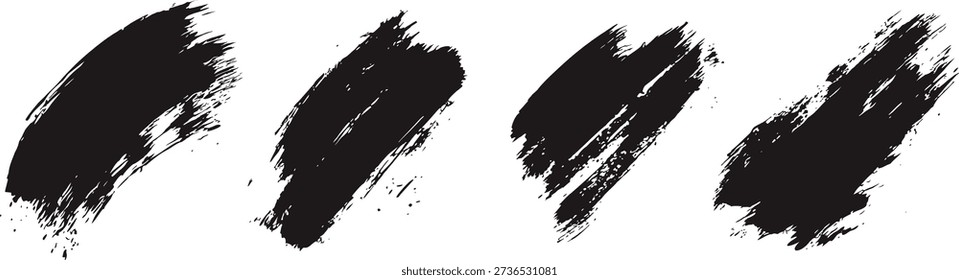 Black paint brush strokes set with rough textured ink swashes on white background. Expressive grunge brush marks perfect for modern design, posters, and artistic layouts. Ideal for branding, typography overlays, and creative projects.