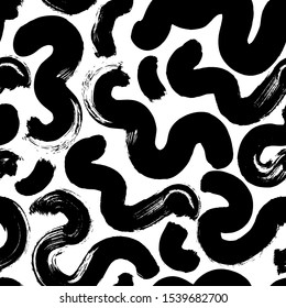 Black paint brush strokes and smears vector seamless pattern. Chaotic ink smudges decorative texture. Monochrome messy doodles, thick curling lines illustration. Artistic wallpaper, grunge textile