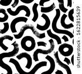 Black paint brush strokes vector seamless pattern. Hand drawn curved and wavy lines with grunge circles. Chaotic ink brush scribbles decorative texture. Messy doodles, bold curvy lines illustration.