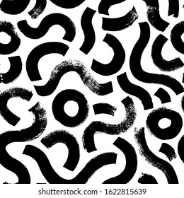 Black paint brush strokes vector seamless pattern  Hand drawn curved   wavy lines and grunge circles  Chaotic ink brush scribbles decorative texture  Messy doodles  bold curvy lines illustration 