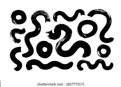 Black paint brush strokes vector collection. Hand drawn curved and wavy lines with grunge circles. Chaotic ink brush scribbles decorative set. Messy doodles, bold curvy lines illustration.