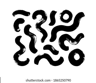 Colección vectorial de pincel de pintura negra. Líneas curvas y onduladas dibujadas a mano con círculos gruesos. Pincel de tinta caótico garabatos conjunto decorativo. Doodles desordenados, ilustración de líneas curvas audaces.