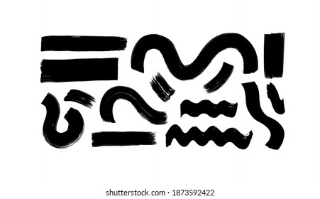 Black paint brush strokes vector collection. Hand drawn curved and wavy lines with grunge rectangles. Chaotic ink brush scribbles decorative set. Messy doodles, bold curvy lines illustration.