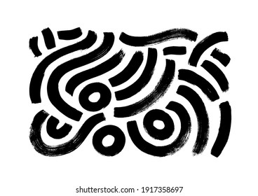 Black paint brush strokes vector collection. Hand drawn curved and wavy lines with grunge circles. Chaotic ink brush scribbles decorative set. Messy doodles, bold curvy lines illustration.