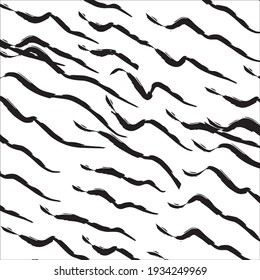 Black paint brush strokes vector seamless pattern. Hand drawn curved and wavy lines with grunge circles. brush scribbles decorative texture. Messy doodles, bold curvy lines illustration.