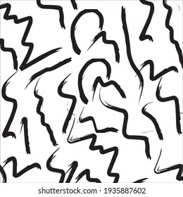 Black paint brush strokes vector seamless pattern. Hand drawn curved and wavy lines with grunge circles. brush scribbles decorative texture. Messy doodles, bold curvy lines illustration.