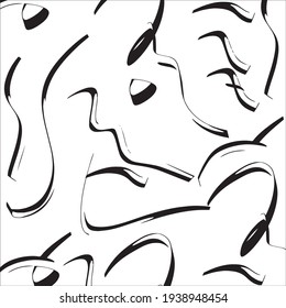 El pincel de pintura negro traza un patrón sin fisuras vectorial. Líneas curvas y onduladas dibujadas a mano con círculos gruesos. pincel garabatos textura decorativa. Doodles desordenados, ilustración de líneas curvas audaces.