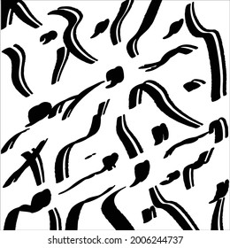 Black paint brush strokes vector seamless pattern. Hand drawn curved and wavy lines with grunge circles. brush scribbles decorative texture. Messy doodles, bold curvy lines illustration.