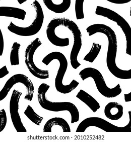 Black paint brush strokes vector seamless pattern. Hand drawn curved and wavy lines with grunge circles. Chaotic ink brush scribbles decorative texture. Messy doodles, bold curvy lines illustration.