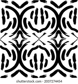 Black paint brush strokes vector seamless pattern. Hand drawn curved and wavy lines with grunge circles. brush scribbles decorative texture. Messy doodles, bold curvy lines illustration.