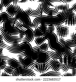 Black paint brush strokes vector seamless pattern. Hand drawn curved and wavy lines with grunge circles. Chaotic ink brush scribbles decorative texture. Messy doodles, bold curvy lines illustration.
