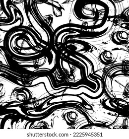 Black paint brush strokes vector seamless pattern. Hand drawn curved and wavy lines with grunge circles. Chaotic ink brush scribbles decorative texture. Messy doodles, bold curvy lines illustration.