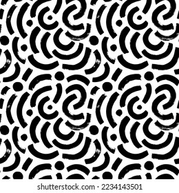 Black paint brush strokes vector seamless pattern. Hand drawn grunge curved and wavy lines . Chaotic ink brush.