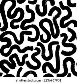 Black paint brush strokes vector seamless pattern. Hand drawn grunge curved and wavy lines . Chaotic ink brush.