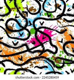 El pincel de pintura negro traza un patrón sin fisuras vectorial. Líneas curvas y onduladas dibujadas a mano con manchas de pintura. El pincel de tinta caótica garabatea textura decorativa. Doodles desordenados, ilustración vectorial.