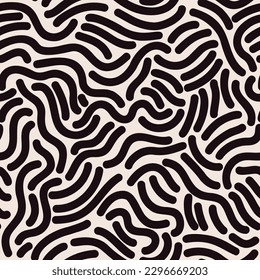 Schwarze Pinselstriche ziehen Vektornahtloses Muster hervor. Wavy squiggle Textur Hintergrund. Abstrakte minimale Zeilendoodles drucken. Vektorgrafik für Tapete-Design, Gewebe, Textilien, Papierumhüllung
