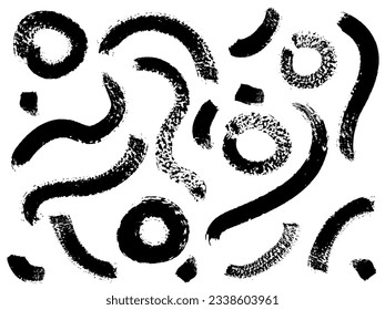 Brosse à peinture noire, arrière-plan vectoriel. Lignes courbes et ondulées dessinées à la main avec des cercles grunge.  Illustration vectorielle.
