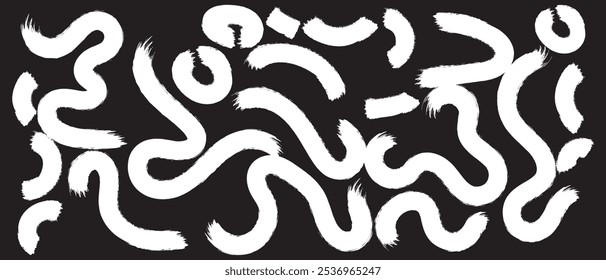 Black paint brush strokes vector collection. Hand drawn curved and wavy lines with grunge circles. Chaotic ink brush scribbles decorative set. Messy doodles, bold curvy lines illustration. 