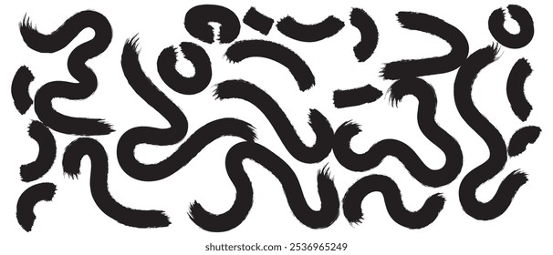 Black paint brush strokes vector collection. Hand drawn curved and wavy lines with grunge circles. Chaotic ink brush scribbles decorative set. Messy doodles, bold curvy lines illustration. 