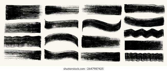 Traçados de pincel de tinta preta, linhas grunge grossas desenhadas à mão vetorial, formas retangulares. Esboçar linhas horizontais de espessura diferente. Conjunto de traçados de pincel de tinta, faixa. Sublinhado de realce do marcador do grunge.