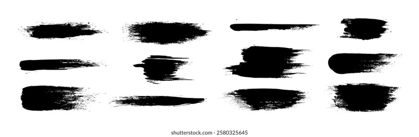 Black paint brushes set isolated on white background. Vector realistic illustration of abstract ink strokes, grungy scratch on surface, color smears, brushstroke lines, dirty stain with splatters