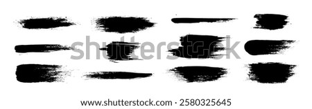 Black paint brushes set isolated on white background. Vector realistic illustration of abstract ink strokes, grungy scratch on surface, color smears, brushstroke lines, dirty stain with splatters