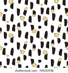 Black paint brushstrokes with glitter dots seamless vector pattern. Acrylic brush glam smears artistic background.