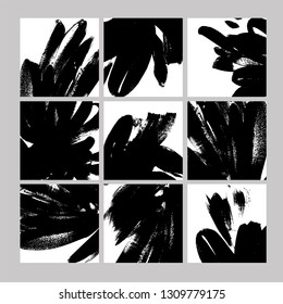 Black paint brushstrokes hand drawn illustrations set. Freehand drawings collection. Ink brush abstract textures. Grunge isolated cliparts. Greeting card design elements. Social media posts template