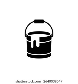 Black paint bucket with a handle, partially filled with white paint, shown in a flat vector style isolated on a solid white background for clear visibility.